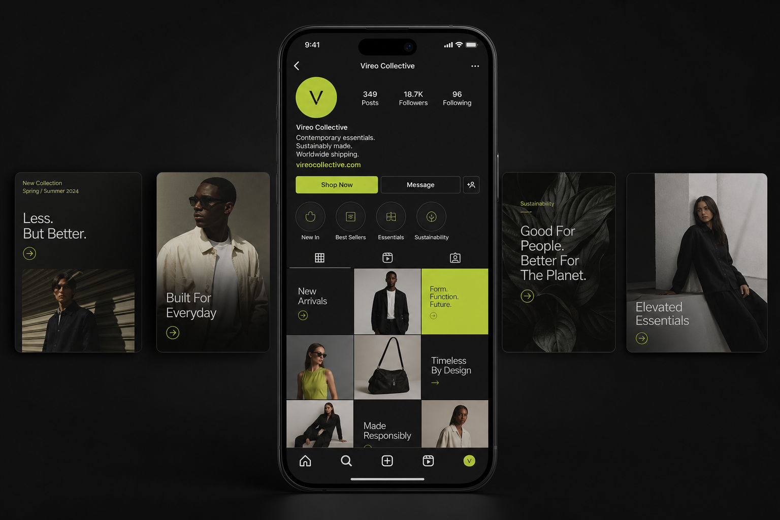 Instagram and social media content grid for an e-commerce brand showing product posts, stories, and growth-focused creative